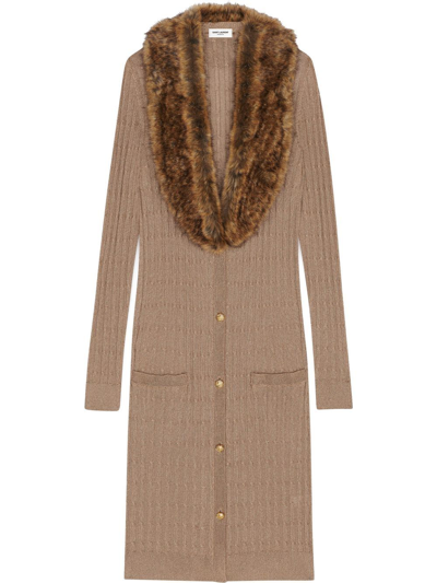 Saint Laurent Cable Knit Cardigan Long Sleeve Sweater Dress With Faux Fur Trim In Beige