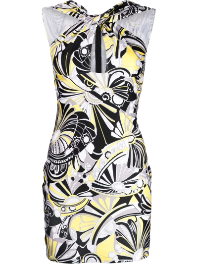 Coperni Abstract Print Cut Out Jersey Dress In Yellow Grey And Black