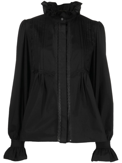 Alberta Ferretti Ruffled Silk Blend Taffeta Shirt In Black
