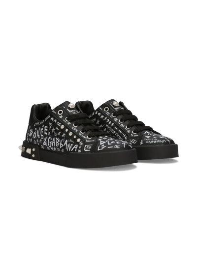 Dolce & Gabbana Kids' Portofino Graffiti Logo-print Sneakers In Black