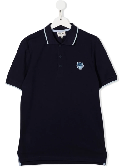 Kenzo Kids' Tiger-patch Cotton Polo Shirt In Blue
