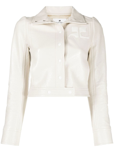 Courrèges Logo Cropped Faux Leather Jacket In Off White
