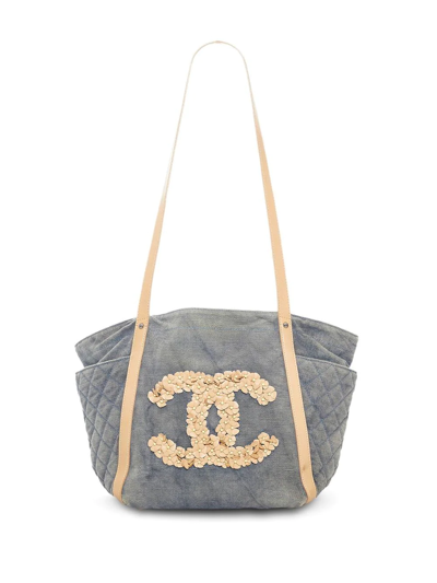 Pre-owned Chanel 2010-2011 Cc Floral-appliqué Tote Bag In Blue