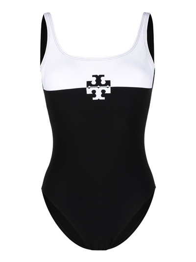 Tory Burch Logo-printed Colorblocked Swimsuit In White,black