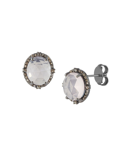Banji Jewelry Women's Black Rhodium Plated Sterling Silver, Rose Quartz & Diamond Stud Earrings