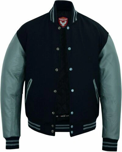 Pre-owned Warrior Gears Classic Varsity Letterman Bomber Jacket- Black Wool Body & Grey Leather Sleeves