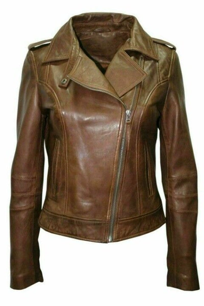 Pre-owned Noora Classic Womens Genuine Sheepskin 100% Brown Leather Jacket Motorcycle Coat