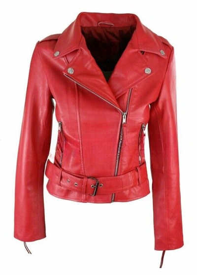 Pre-owned Noora Women's Genuine Lambskin Red Leather Jacket Motorcycle Stylish Belted Coat
