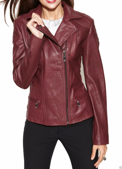 Pre-owned Noora Women's Lambskin Burgundy Leather Jacket Stylish Motorcycle Biker Jacket