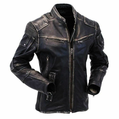 Pre-owned Leatherzone Mens Vintage Biker Style Motorcycle Cafe Racer Distressed Leather Jacket