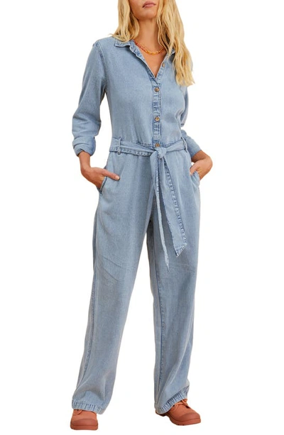 Billabong X The Salty Blonde Sunday Uniform Long Sleeve Denim Jumpsuit In Light Blue