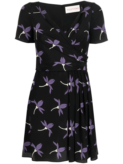 Valentino Floral-print Pleated Dress In Schwarz