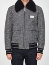 Dolce & Gabbana Herringbone Wool Jacket With Shearling Collar In White