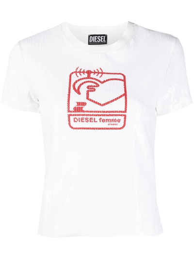 Diesel Sequin-embellished Logo-print T-shirt In White