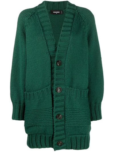 Dsquared2 Chunky-knit V-neck Long Cardigan In Green