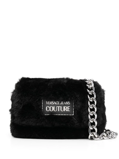 Versace Jeans Couture Logo Plaque Faux Fur Shoulder Bag In Black