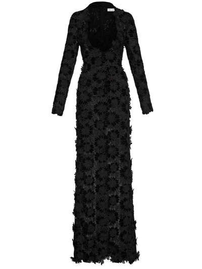Oscar De La Renta Floral-appliqué Long-sleeve Gown In Black