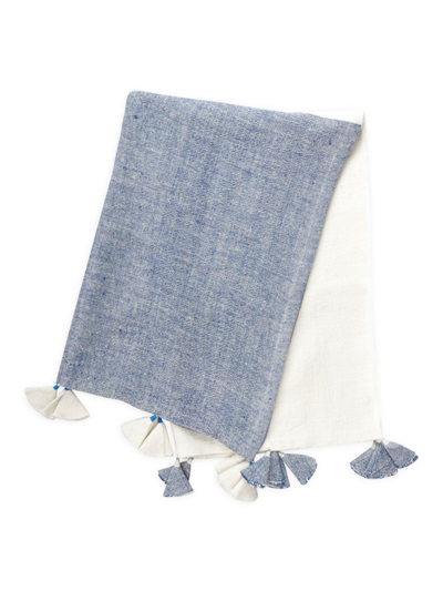 Anaya So Soft Linen Colorblocked Tassel Blanket In Chambray White