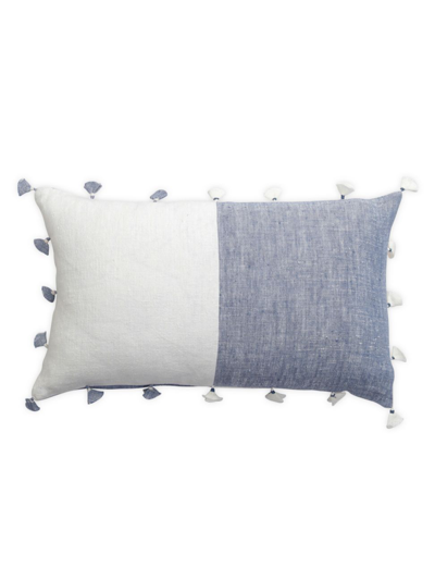 Anaya So Soft Linen Chambray Tassels Down Pillow In Blue And White