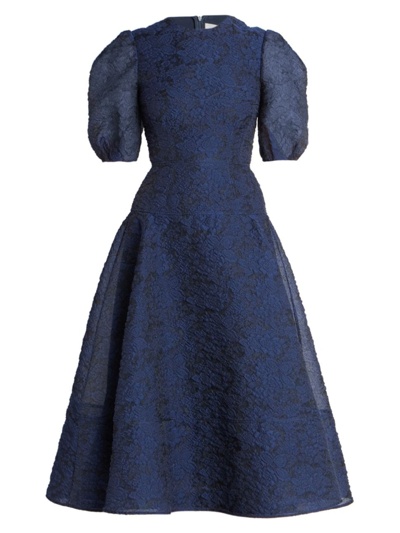 Erdem Kyla Semisheer Puff Sleeve Organza Midi Dress In Navy | ModeSens