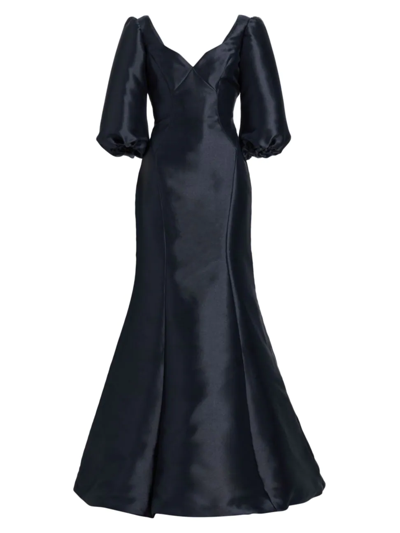 Amsale Mikado Curved V-neck Gown In Navy