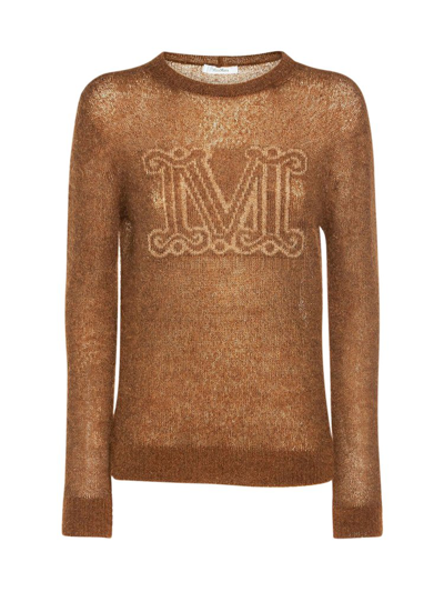 Max Mara Ocra Logo Jacquard Mohair & Wool Sweater In Brown