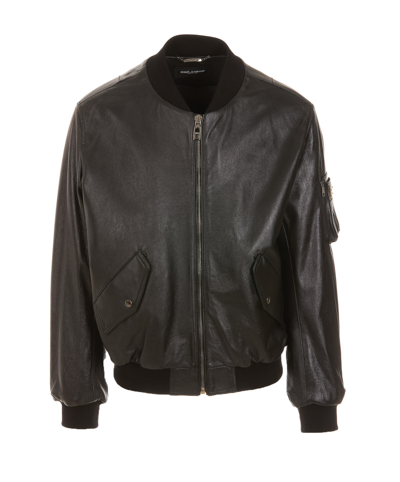 Dolce & Gabbana Logo Leather Jacket In Nero