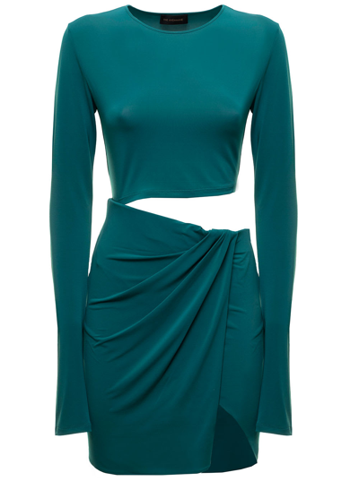 The Andamane Teal Blue Minidress In Stretch Jersey With Asymmetrical Cut Out Details  Woman