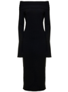THE ANDAMANE BLACK MIDI KAIA DRESS IN STRETCH JERSEY CREPE WITH OFF-THE-SHOULDER NECKLINE THE ANDAMANE WOMAN