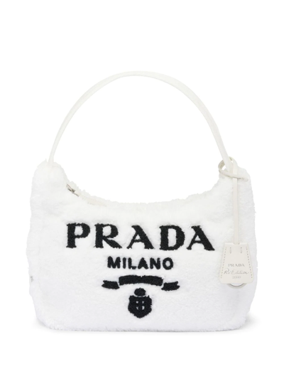 Prada Re-edition 2000 Logo Terry Cloth Pouch Shoulder Bag In F0964 Bianco Nero