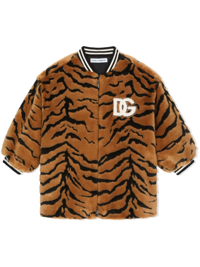 Dolce & Gabbana Kids' Long Tiger-design Faux Fur Jacket In Multicolor