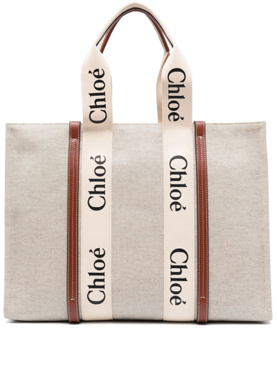 Chloé Woody Logo-print Tote Bag In Neutrals
