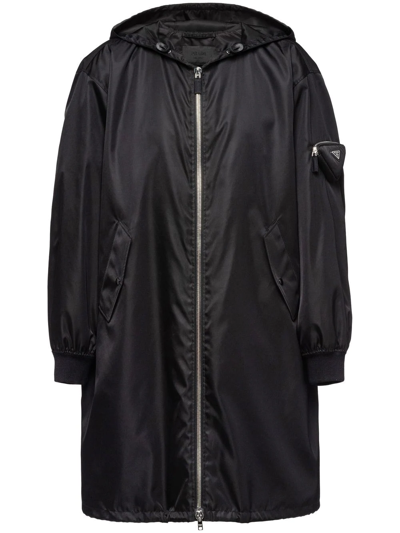 Prada Re-nylon Zipped Hooded Coat In Black