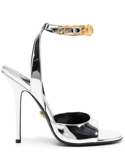 Versace Safety Pin Patent Leather Heeled Sandals In Silver
