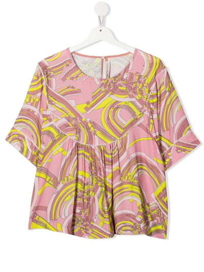 Pucci Junior Teen Abstract-print Ruched-detail T-shirt In Pink