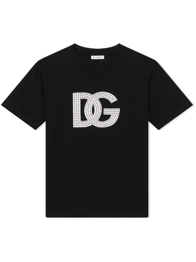 Dolce & Gabbana Kids' Studded Logo Cotton T-shirt In Black