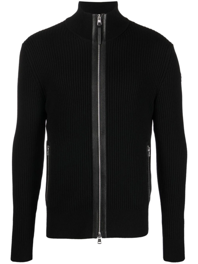 Moncler Leather-trim Zipped Ribbed-wool Cardigan In Black