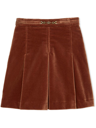 Gucci Kids' Velvet-effect Logo Skirt In Brown