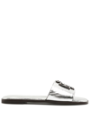 Tory Burch Double T Leather Slides In Silver