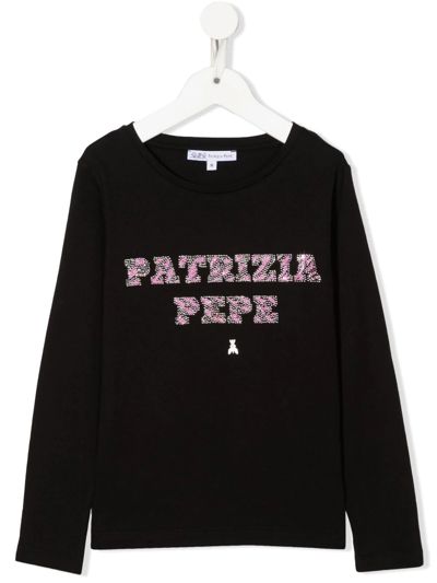 Patrizia Pepe Girl Teen Logo-detail Long-sleeved T-shirt In 黑色