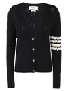 THOM BROWNE V-NECK CARDIGAN W/ 4 BAR IN IRISH POINTELLE CABLE 5GG SUSTAINABLE MERINO WOOL