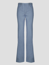 Saint Laurent Contrast-stitch Pressed-crease Flared-leg High-rise Cotton Trousers In Blue