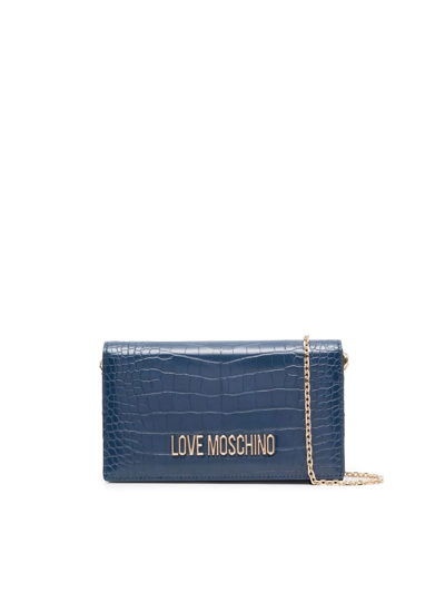 Love Moschino Small Croco Print Crossbody In Denim