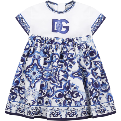 Dolce & Gabbana White Dress For Baby Girl With Logo In Blue