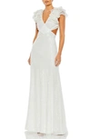 Mac Duggal Ruffle Shoulder Sequin Embellished Gown In White