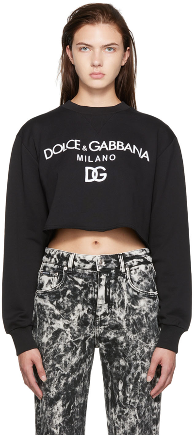 Dolce & Gabbana Black Logo Print Cropped Cotton Sweatshirt