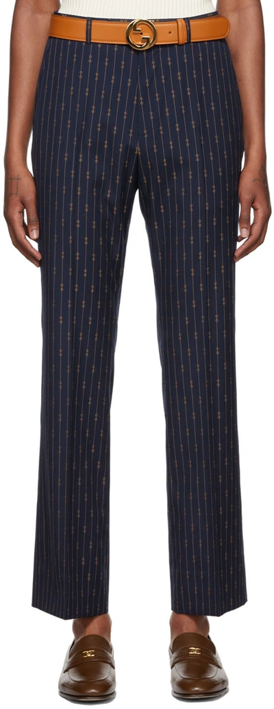Gucci Horsebit-pinstriped Wool-twill Suit Trousers In Bluette/beige