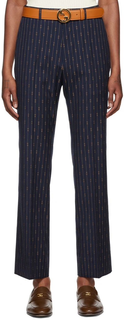 Gucci Horsebit-print Straight-leg Trousers In Navy