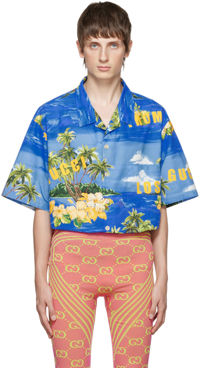 Gucci Printed Cotton Poplin Bowling Shirt In Blue