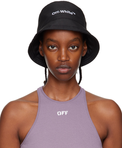 Off-white Logo-embroidered Wide-brim Woven Bucket Hat In Black